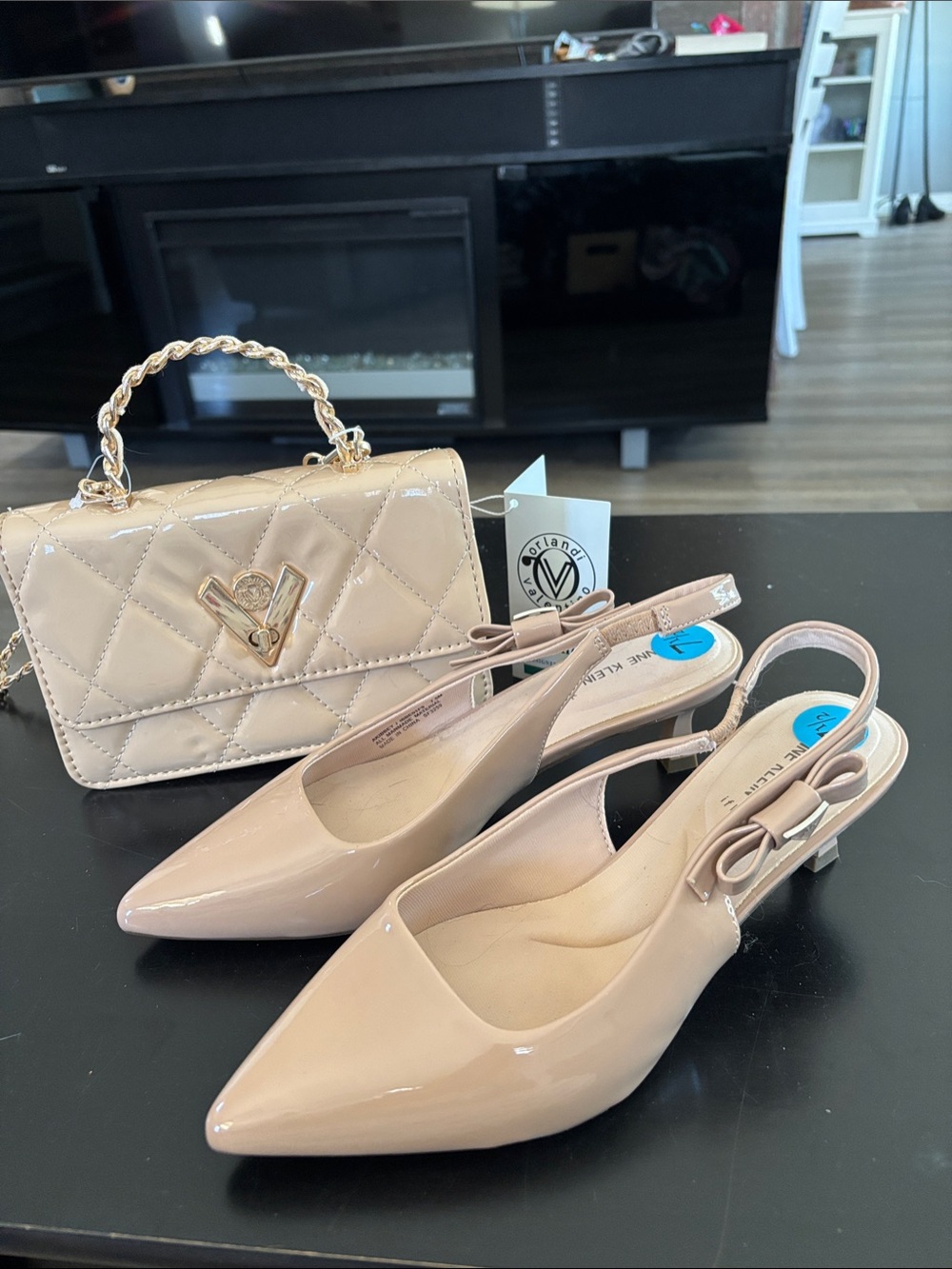 Anne Klein Nude Patent Mini Bag and Slingback Pumps Set